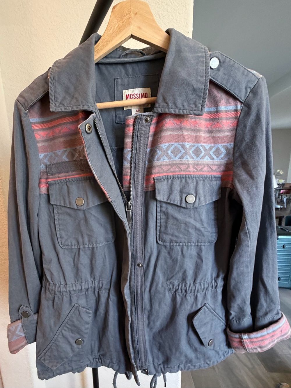 Mossimo Supply Co. Gray Utility Jacket with Pink Aztec Trim S